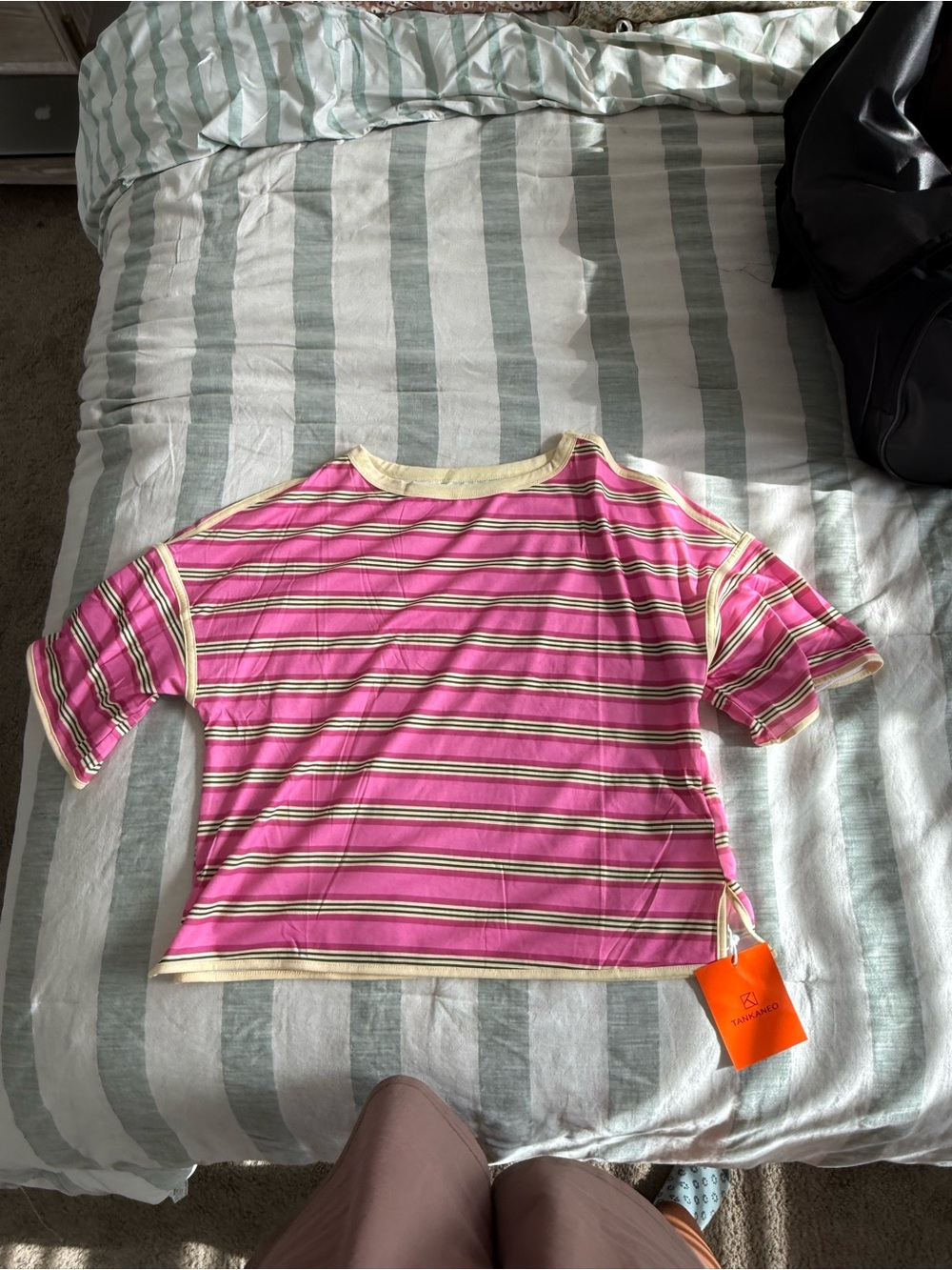 Amazon Pink Striped Short Sleeve Tee with Cream Trim
